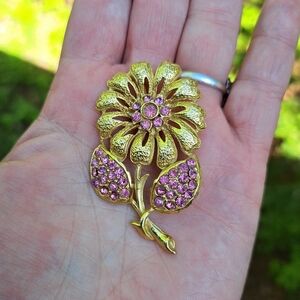 Pink rhinestone flower large brooch